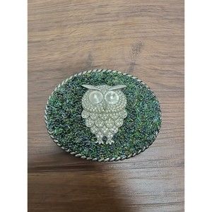 Owl Belt Buckle Green Encrusted Handmade